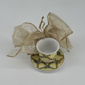 Vintage Yellow Floral Tea Cup Saucer Set Gold‎ Bow Ornament Decoration